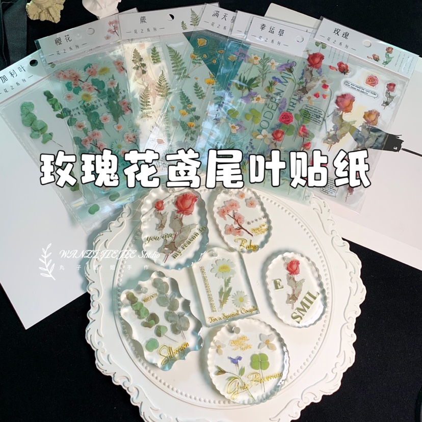 丸子手作diy新款干花防水贴纸玫瑰花鸢尾尤加利叶满天星滴胶装饰