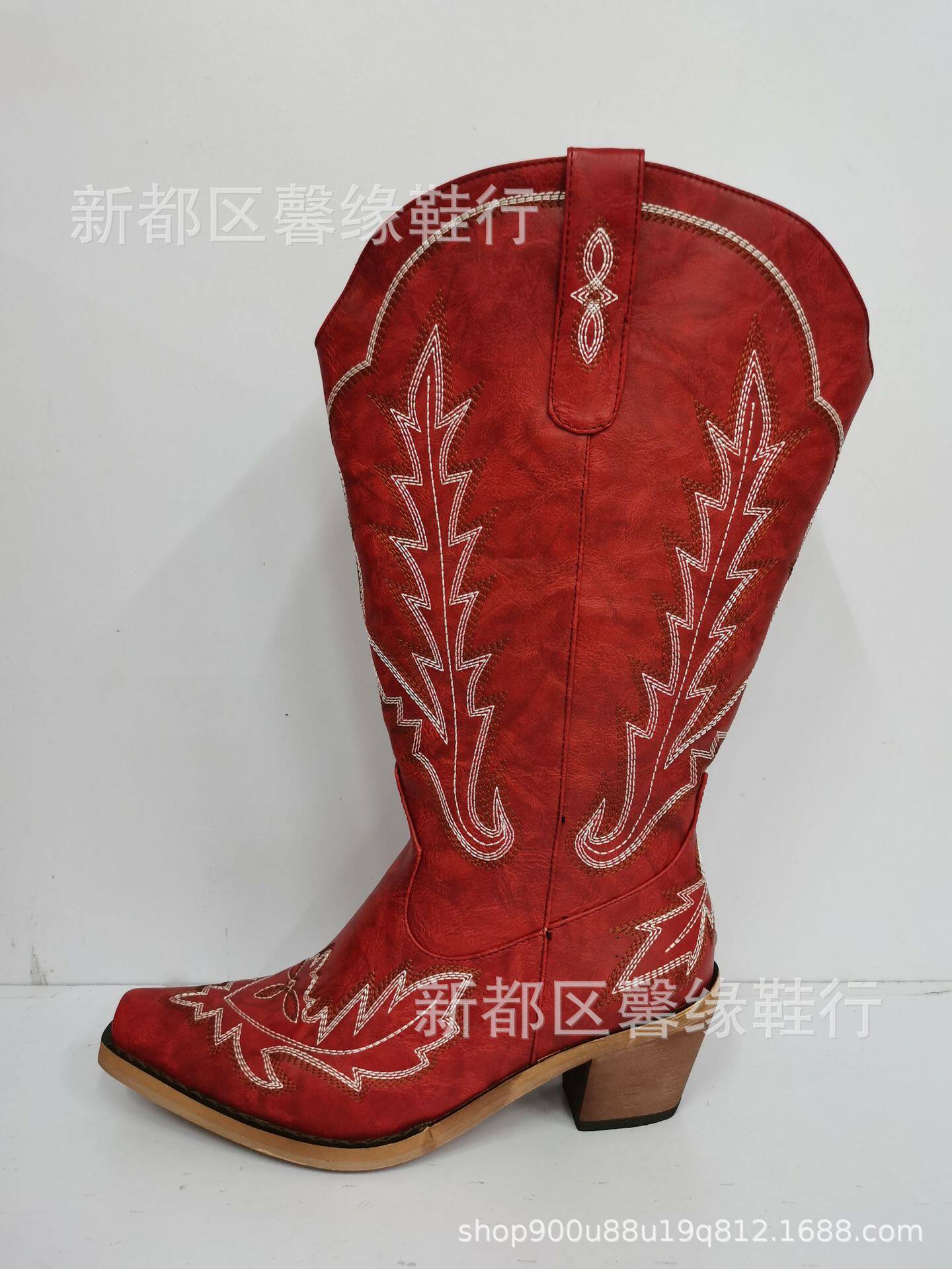 订做外贸欧美风大筒围骑士靴粗中跟刺绣复古西部牛仔靴皮靴女靴