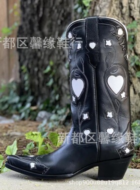 2023欧美跨境35-43粗跟中跟套筒桃心刺绣拼接高筒靴皮靴女靴X614