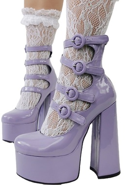 欧美外贸跨境lolita可爱紫色皮扣Y2K辣妹粗跟大码高跟鞋P767-05