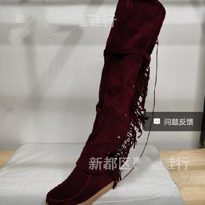 速卖通外贸欧美风大码圆头平跟铆钉流苏靴长女网红西部牛仔靴