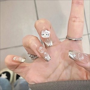 KT酱丨纯手工穿戴甲片KITTY猫追光猫眼法式裸色Y2K卡通学生美甲贴