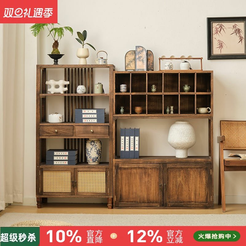 新中式博古架茶室置物架茶叶展示柜实木隔断多宝阁客厅摆件架子