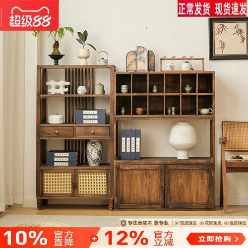 新中式博古架茶室置物架茶叶展示柜实木隔断多宝阁客厅摆件架子