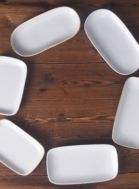 纯白陶瓷椭圆圆头长方形金边毛巾碟小菜碟餐厅餐巾碟中式点心碟子