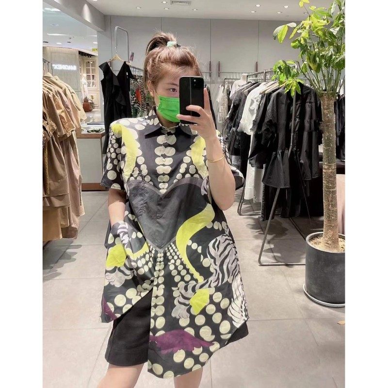 清C现货定制2022夏季 时髦舒适中长款印花衬衫棉质宽松A型衬衣女