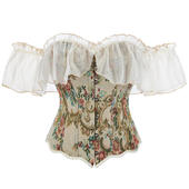 一字肩拼接袖 女士紧身束衣外穿舞会 塑身上衣无肩带骨衣前排扣修身