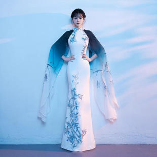 中式 古筝舞台演出表演服夏 水墨画走秀旗袍礼服裙女鱼尾裙国风水袖