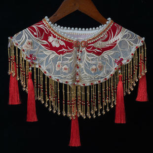 新款红色云肩汉服明制手工串珠流苏披肩珍珠领国风汉服马面裙云肩