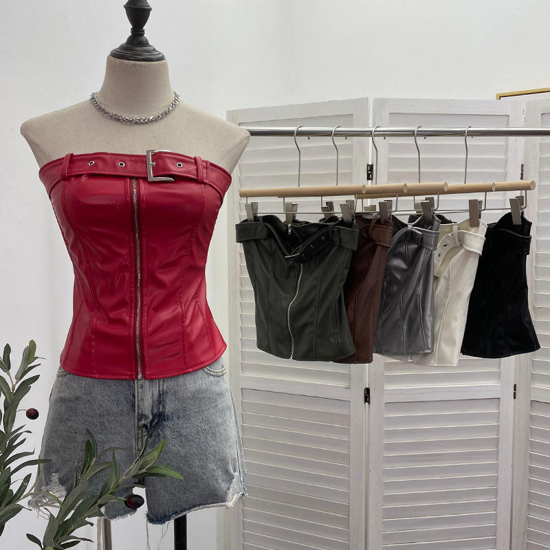 实拍辣妹高级感皮抹胸皮衣机车风