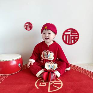 一周岁男宝礼服春秋装中式长袖套装两件套红色婴儿宝宝抓周宴衣服