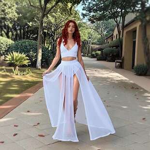 新款女装两件套纯色性感网纱长裙速卖通热销度假风半裙套装