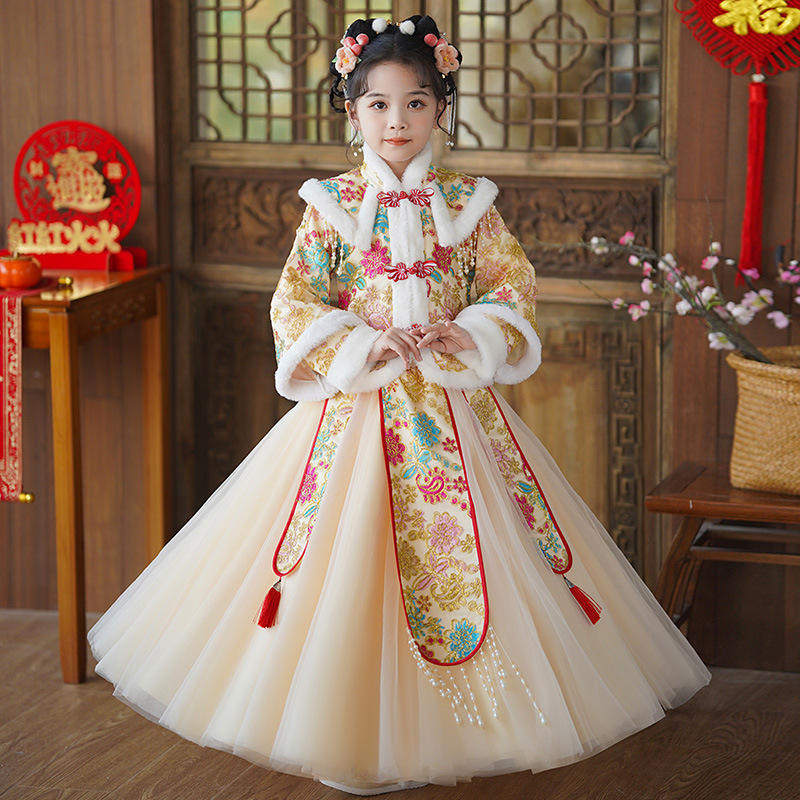 汉服女童冬季连衣裙新款儿童加绒裙子女孩古风唐装拜年服,童装/婴儿装/亲子装,汉服,淘宝优惠券,粉丝福利购,淘宝优惠卷