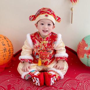 冬季新品新中式宝宝抓周礼服男宝加绒套装生日宴周岁冠衣喜庆年服