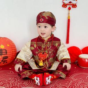 春季新中式抓周礼服男宝婴儿童百天生日宴礼服宝宝唐装周岁冠衣