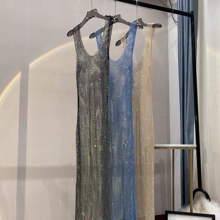 派对圆领性感长款镶钻网纱打底薄款礼服闪光长款女士婚纱礼服