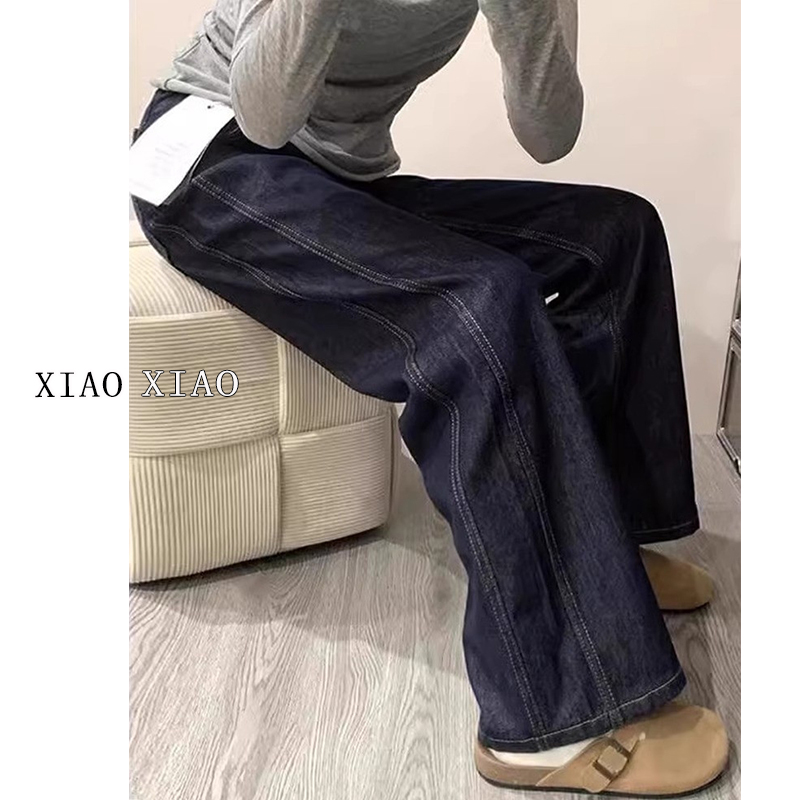 深蓝丹宁色牛仔裤子女胖mm大码显瘦梨型身材小个子高腰直筒阔腿裤