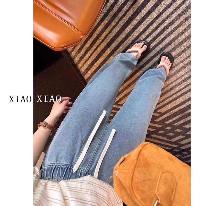 大码抽绳松紧腰直筒冰丝牛仔裤女夏季薄款胖mm高腰宽松天丝阔腿裤