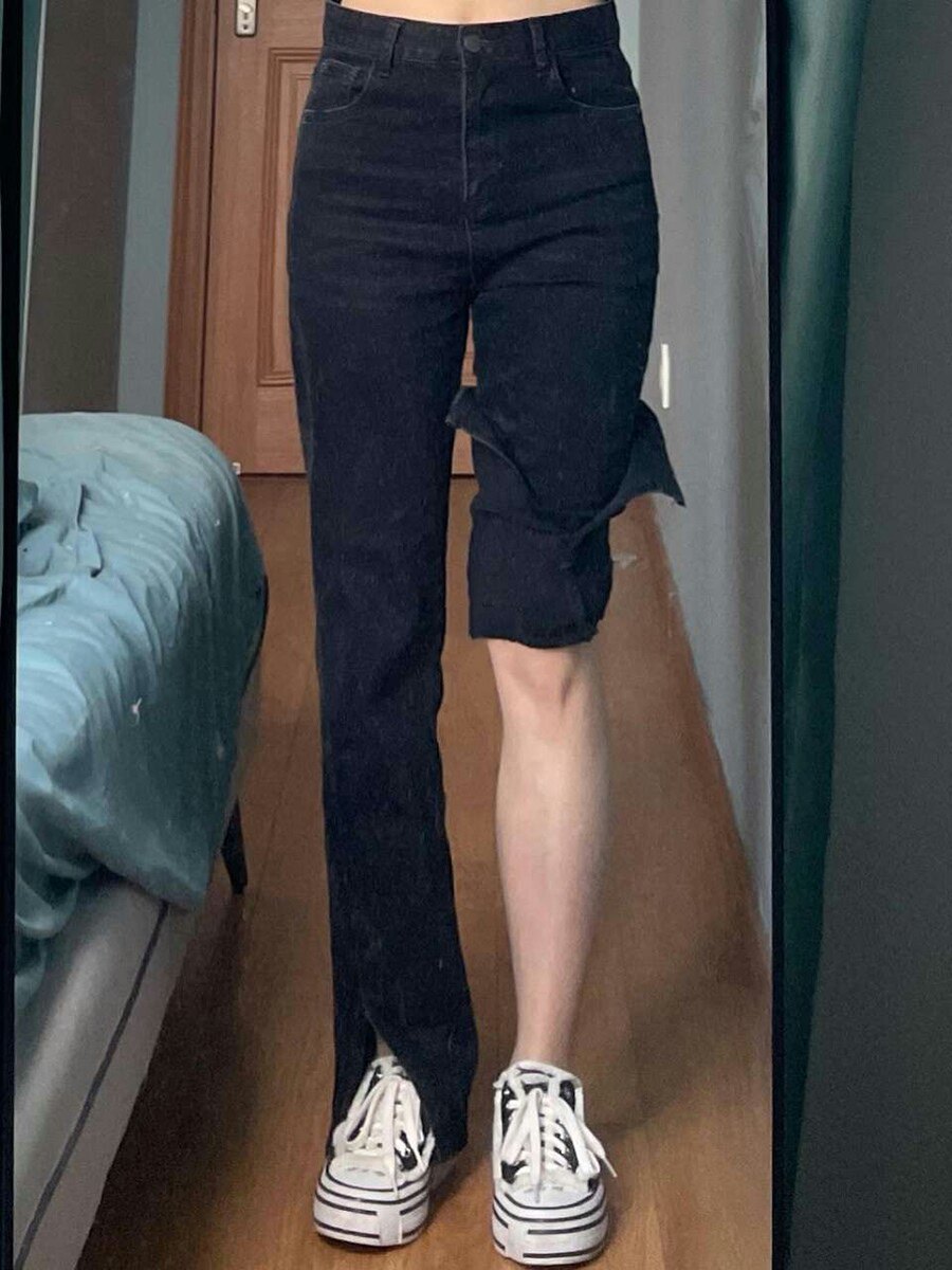 微喇叭牛仔裤黑色开叉显瘦裤子春季大码女装梨形身材高腰直筒长裤
