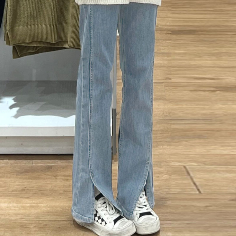 大码高腰直筒裤脚开叉微喇牛仔裤