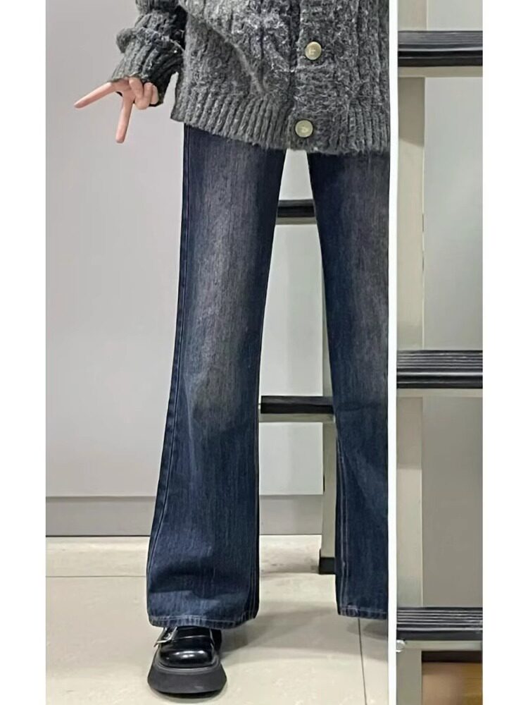 梨型身材复古蓝微喇叭牛仔裤女早春装大码胖mm高腰宽松拖地阔腿裤
