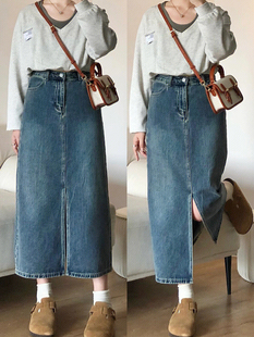 梨形身材开叉牛仔半身裙女初春装大码胖mm中长款高腰遮胯a字裙子