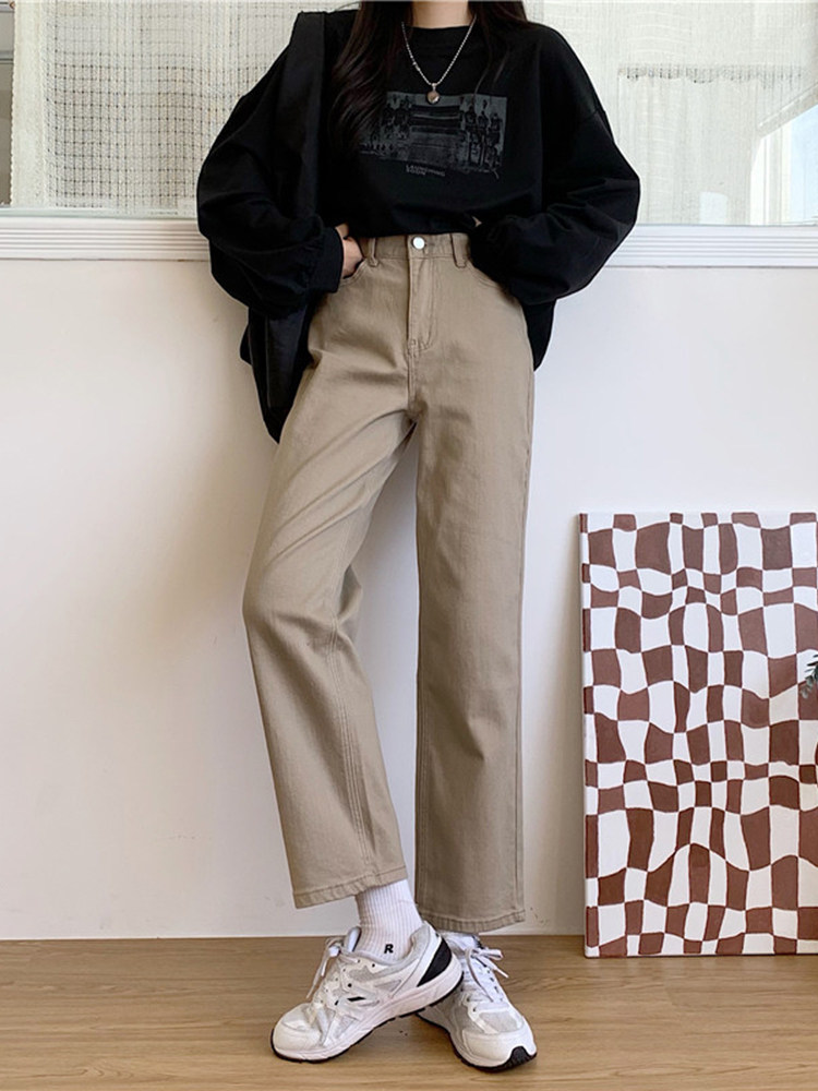 卡其色高腰直筒休闲牛仔裤子女春季胖妹妹mm显瘦遮臀宽松修身烟管,女装/女士精品,大码裤装,淘宝优惠券,粉丝福利购,淘宝优惠卷