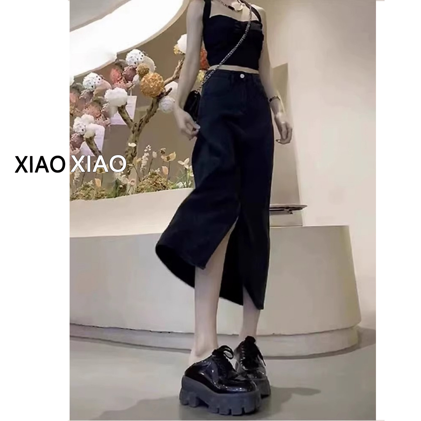 大码黑色开叉牛仔半身裙女 夏季胖mm梨形身材遮胯显瘦a字包臀裙子