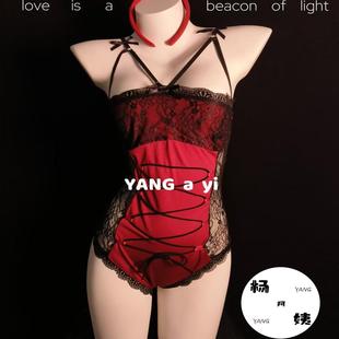 杨阿姨~蕾丝拼接系带连体衣吊带睡衣禁欲系新款火辣红色美体制服