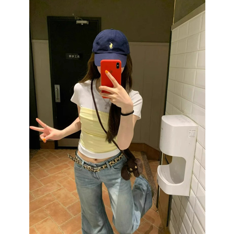 夏季美式复古短款正肩撞色短袖t恤女新款修身小个子设计感上衣ins