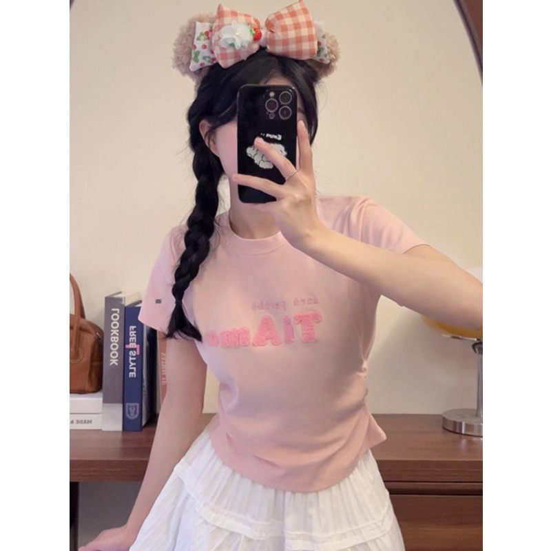 设计感褶皱正肩短袖t恤女夏季辣妹修身显瘦别致收腰小衫短款上衣