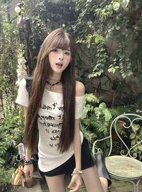 夏季收腰白色字母斜肩短袖t恤女