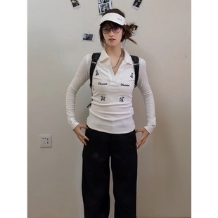 甜辣妹上衣 白色polo领长袖 t恤女2025秋季 小狗刺绣修身 显瘦打底衫