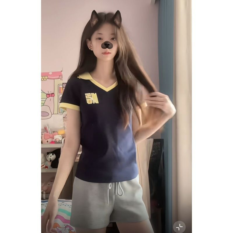 辣妹polo衫短袖正肩t恤女夏季新款学院风v领修身显瘦收腰短款上衣