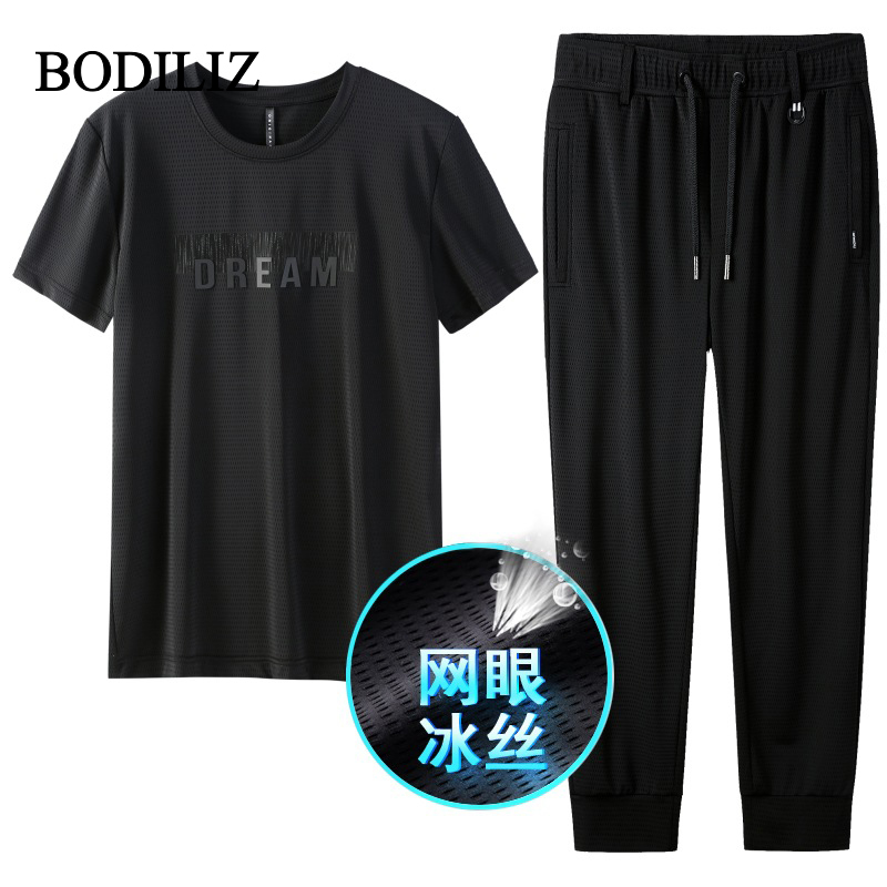 高级感黑色网眼冰丝训练运动套装男薄款爸爸圆领t恤休闲裤两件套