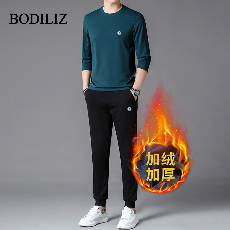 高级感休闲运动套装男冬季2023新款时尚潮流圆领t恤男士加绒长裤