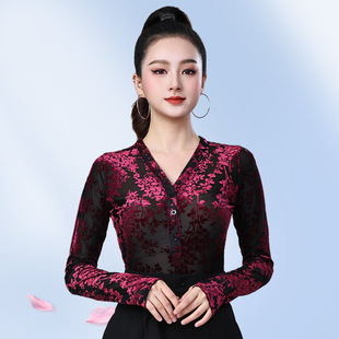 性感V领拉丁舞上衣女吉特巴高级感烧花长袖摩登舞广场舞演出舞服
