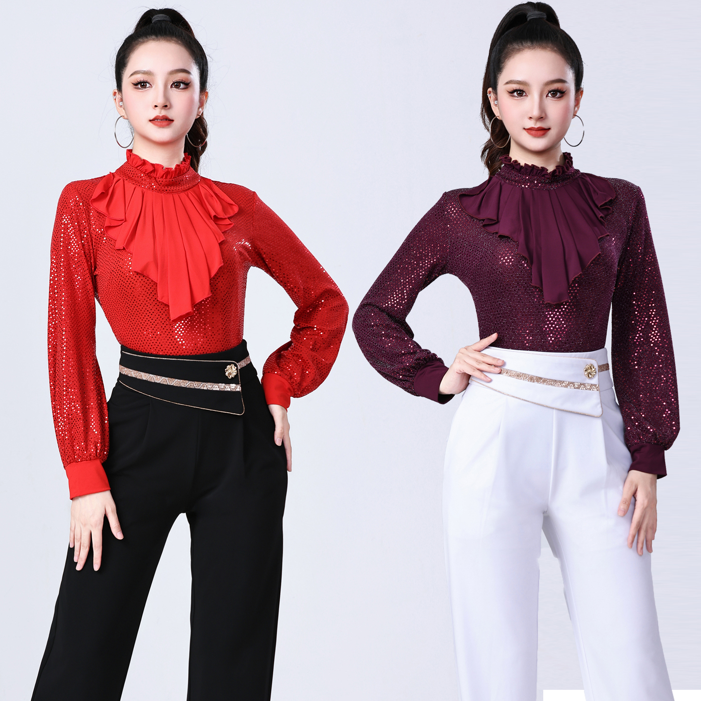 秋冬新款拉丁舞上衣女立领花边亮片弹力吉特巴跳舞长袖广场舞蹈衣