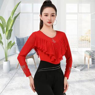 广场舞上衣长袖2024新款吉特巴舞蹈服三步踩网纱烫钻荷叶边舞蹈服