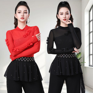 摩登舞蹈上衣拉丁舞薄纱连体衣网纱长袖吉特巴三步踩半高领舞衣