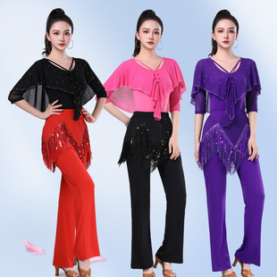 新款时尚摩登舞烫钻上衣女成人广场舞吉特巴三步踩舞蹈服装交谊舞
