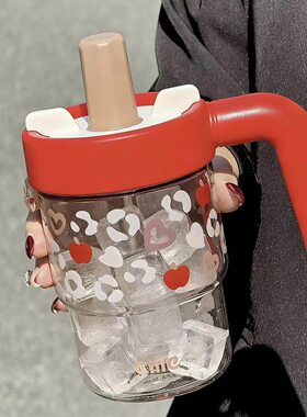 希乐苹果马克杯600ml水杯把手塑料吸管杯tritan学生男女上班杯子