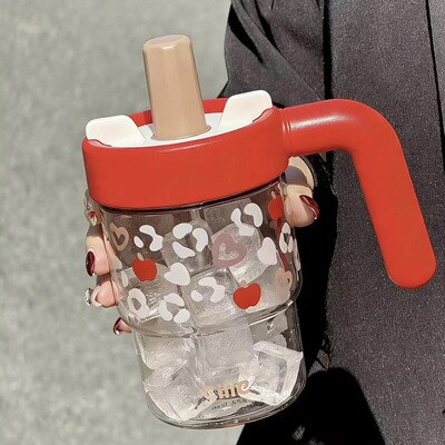 希乐苹果马克杯600ml水杯把手塑料吸管杯tritan学生男女上班杯子
