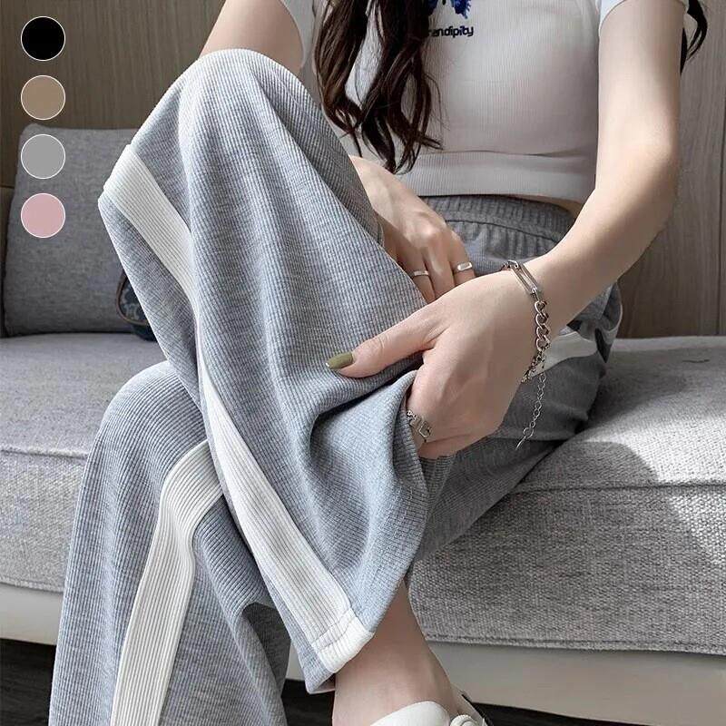 夏季薄款休闲白边阔腿裤150女高腰直筒窄版遮胯运动裤