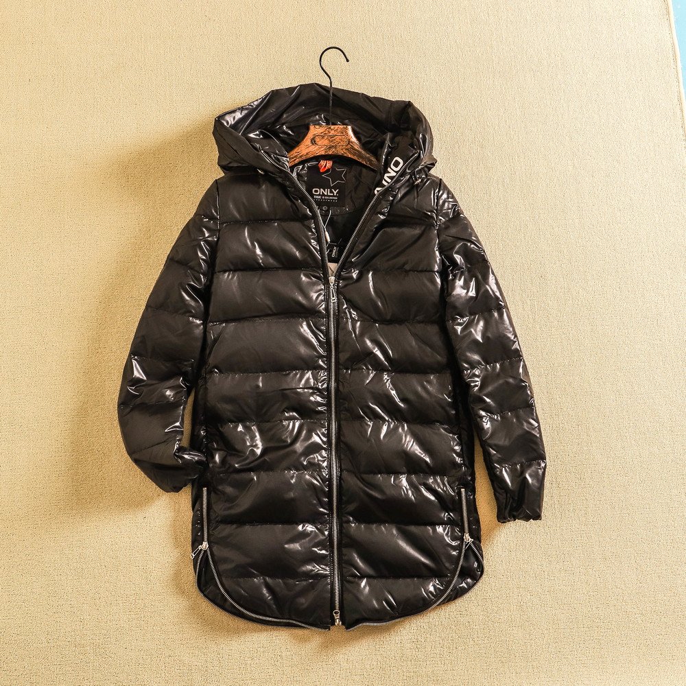 外贸尾货女士冬季亮面纯色灰鸭绒羽绒服户外连帽防风防水中长外套