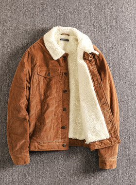 外贸欧洲订单男士冬季条绒夹克棉衣户外加绒加厚保暖羊羔毛外套男