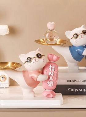 创意招财糖果猫树脂工艺品收纳礼物家居摆件入户玄关钥匙架高级感