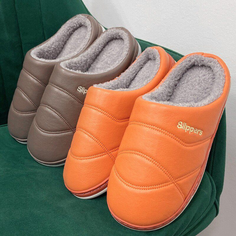 棉拖鞋女厚底冬季包跟男皮面pu皮室内防滑情侣带后跟家用加绒防水