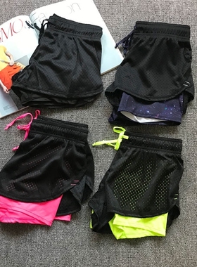 女子运动短裤防走光跑步健身短裤网眼速干双层假两件热裤女