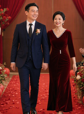 恒源祥酒红丝绒婚宴西服三件套